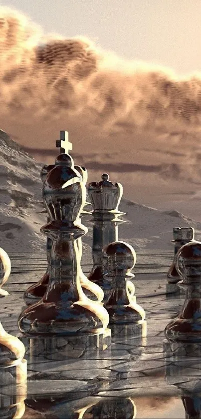 Glass chess pieces on reflective surface at sunset, elegant and serene.