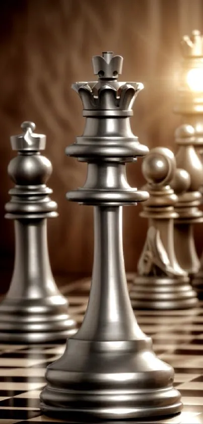 Metallic chess pieces on a board with elegant lighting.