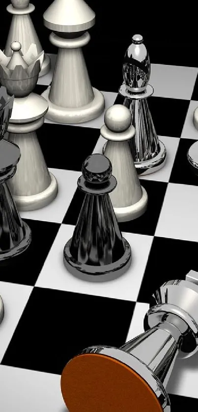 3D metallic chess pieces on a black and white board.