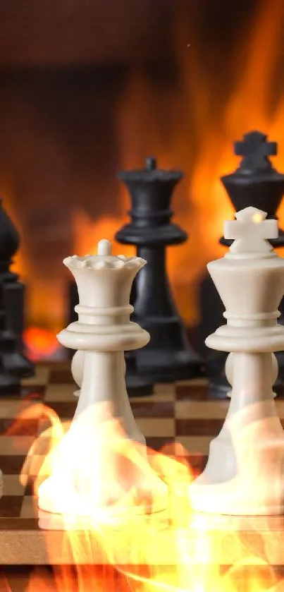 Chess set in front of a warm fireplace, highlighting strategic play.