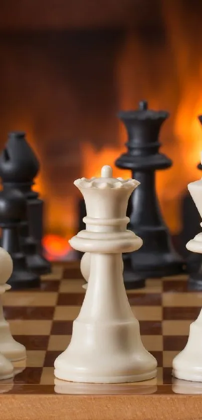 Elegant chess pieces set against a fiery orange backdrop.