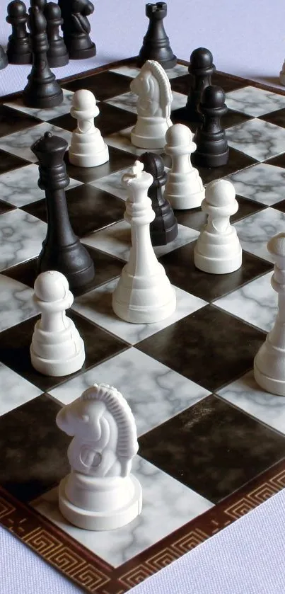 Elegant chessboard with pieces in strategic positions, minimalist design.