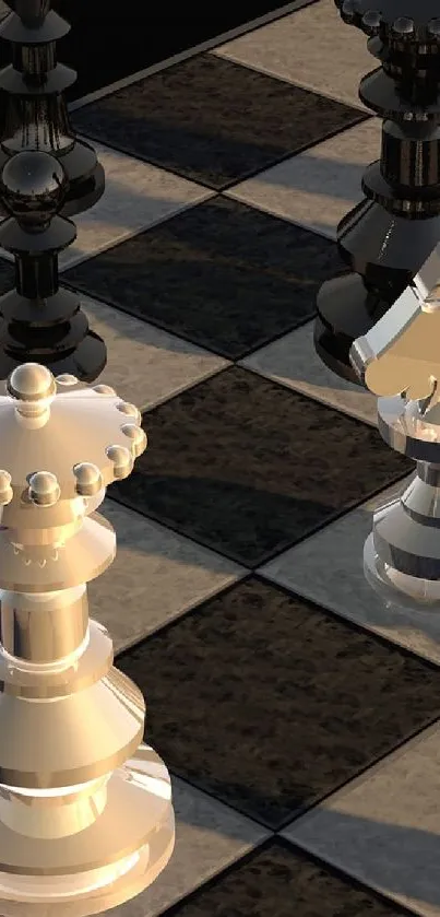 Chessboard with elegant black and white pieces in detailed design.