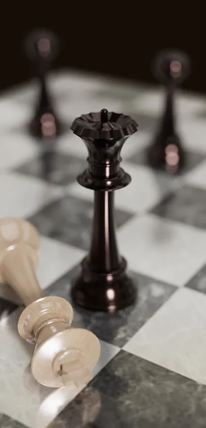 Chess pieces on an elegant board, highlighting strategy and playfulness.