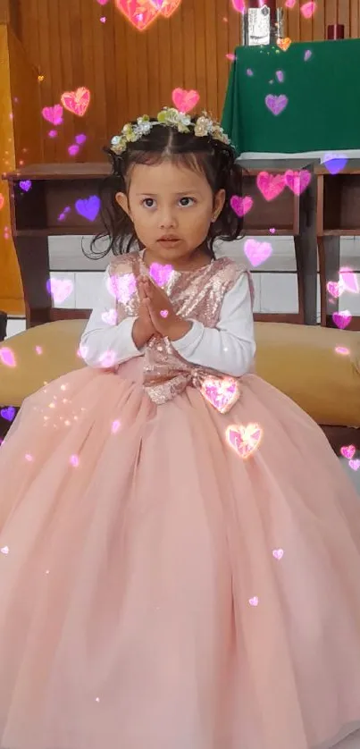 Girl in elegant pink dress with floral headpiece in a church setting.