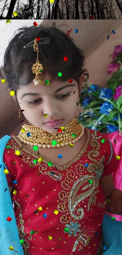 Child in traditional attire with colorful confetti background.