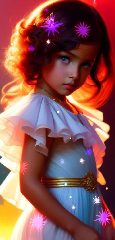 Elegant child in a vibrant, colorful light-filled scene.