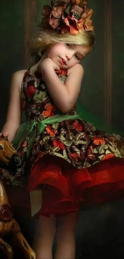 Girl in vintage floral dress with elegant pose.