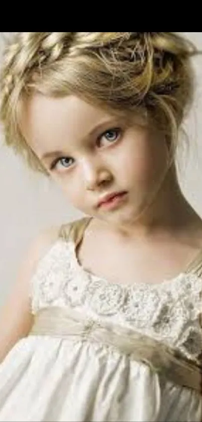 Elegant portrait of a blonde child in a white dress, set against a dark background.