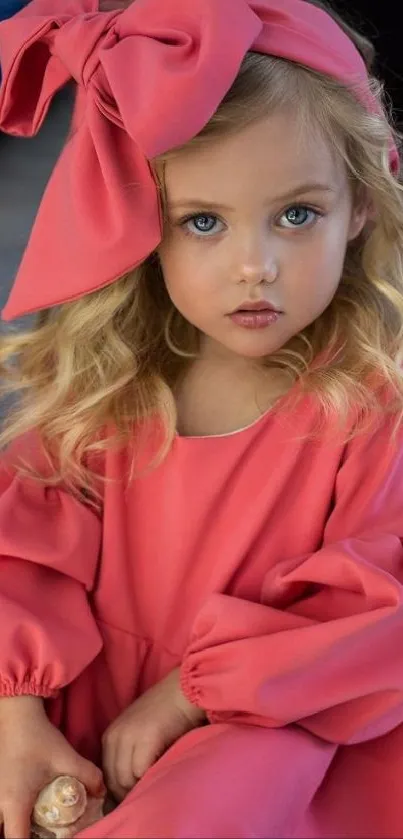 Child in vibrant pink dress with a bow, elegant wallpaper.