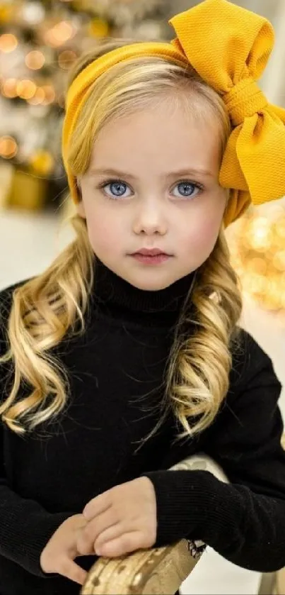 Child with yellow bow on elegant wallpaper.