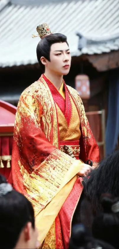 Chinese emperor in regal red attire on horseback with traditional crown.