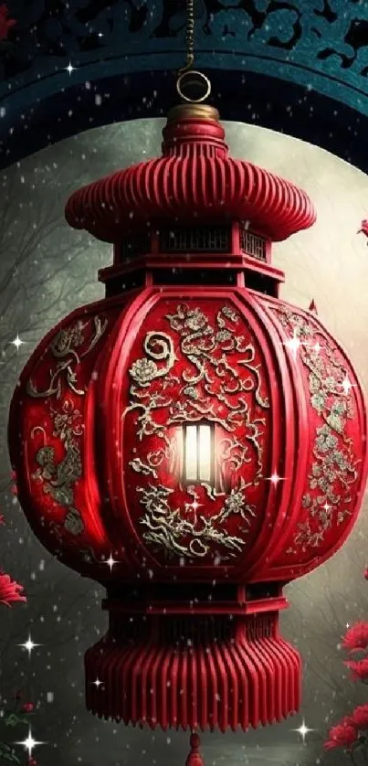 Intricate red Chinese lantern with floral accents.