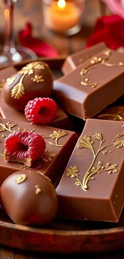 Elegant chocolate bars with raspberries and gold accents.
