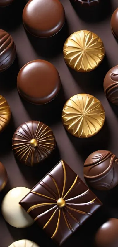 A variety of elegant chocolate bonbons in rich brown and gold hues.