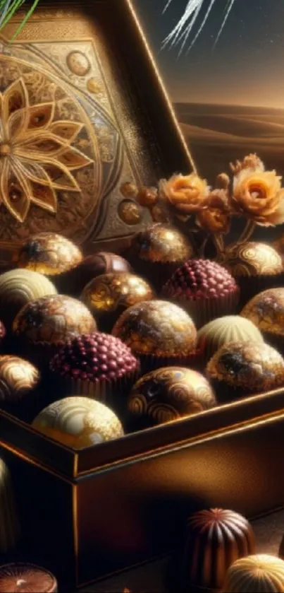Ornate chocolate box with floral accents.