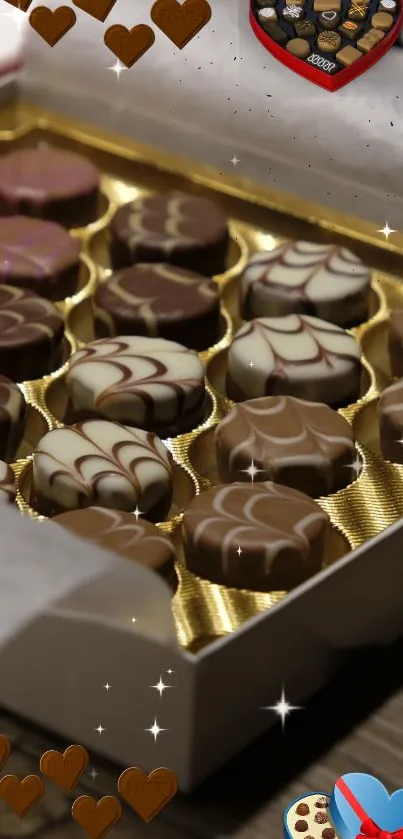 Open box of luxurious chocolates in decorative packaging.