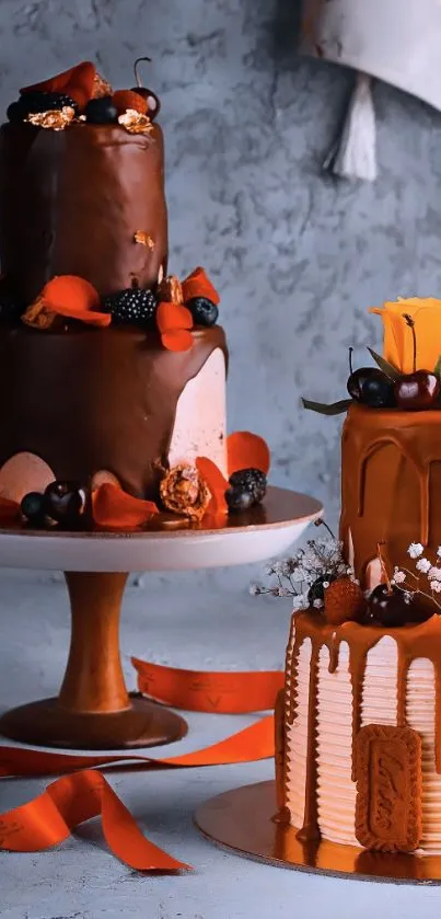 Elegant chocolate cakes with rich decorations.