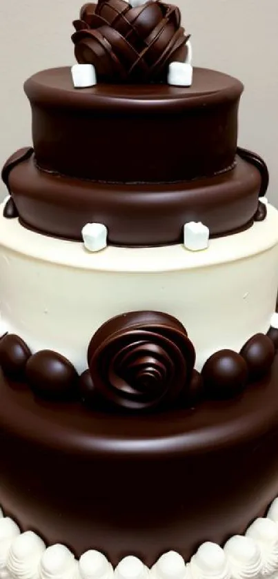 Three-tier chocolate and ivory decorated cake with intricate details.