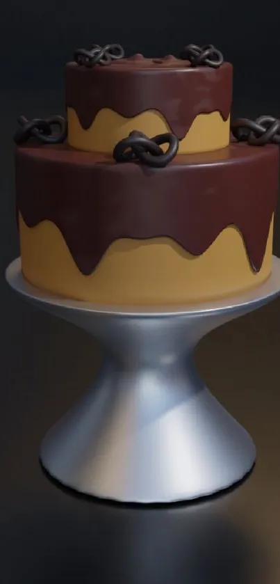 Two-layer chocolate cake with rich frosting on a modern stand.