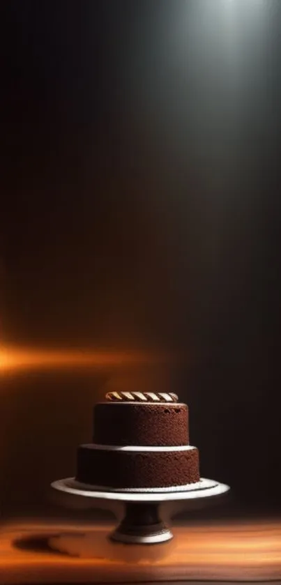 Elegant chocolate cake with warm ambient lighting.