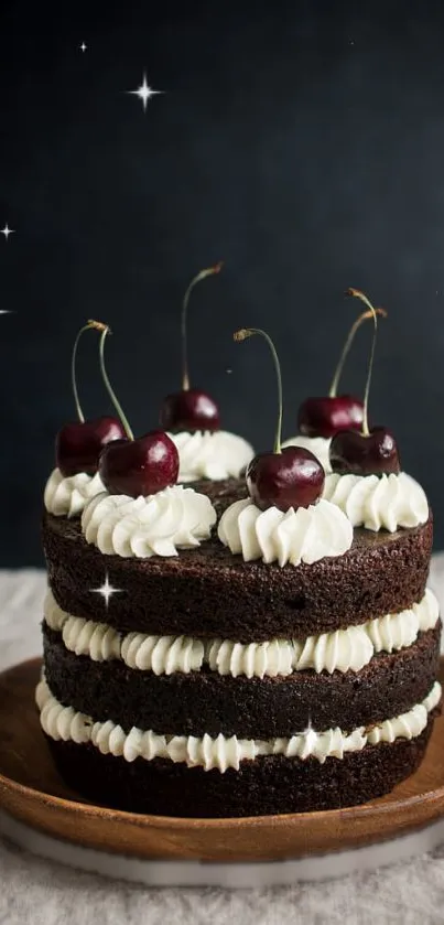 Layered chocolate cake with cherries on rustic plate.