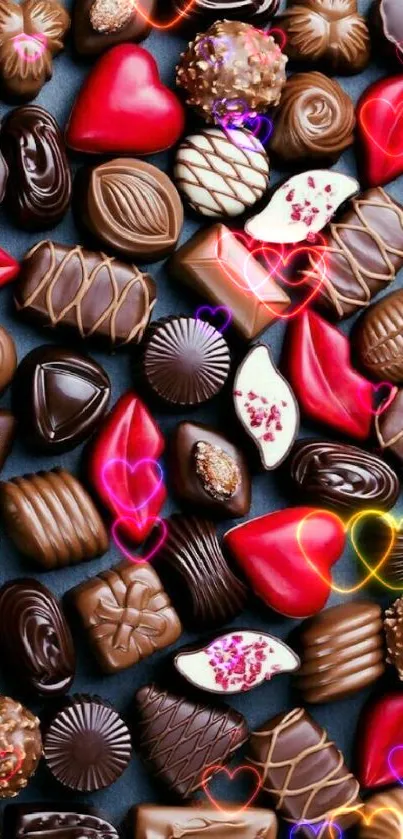 Luxurious assortment of chocolates in brown and red hues.
