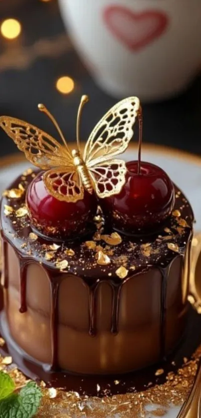 Chocolate dessert with golden butterfly and cherries.