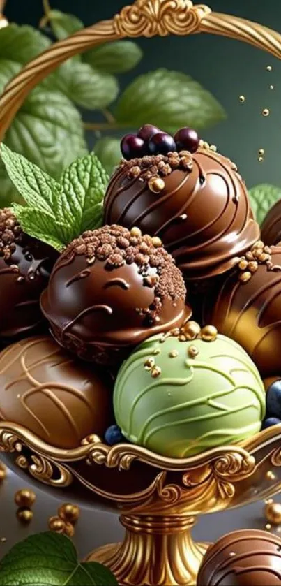 Chocolate truffles in a golden decorative basket with mint leaves and berries.