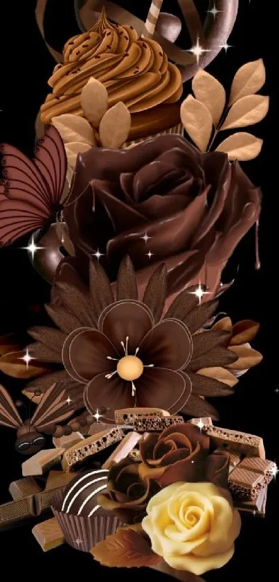 Luxurious chocolate floral bouquet on black background.