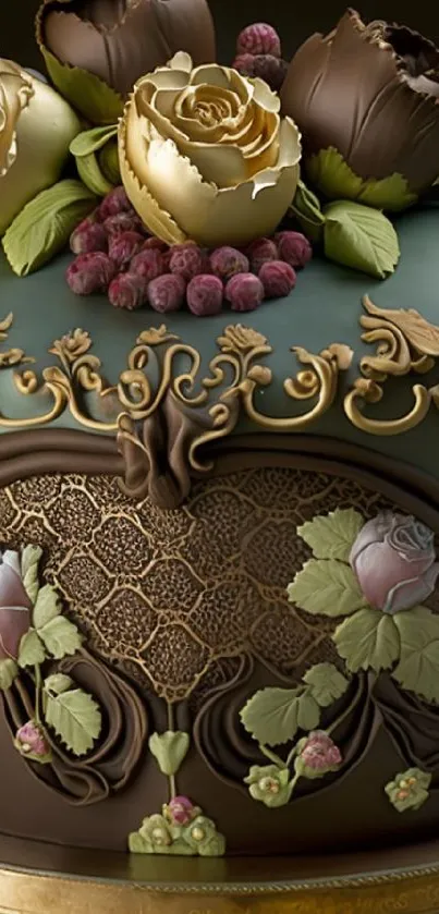 Elegant floral chocolate cake with gold detailing.