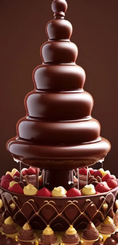 Luxurious chocolate fountain with fruits and decorations.