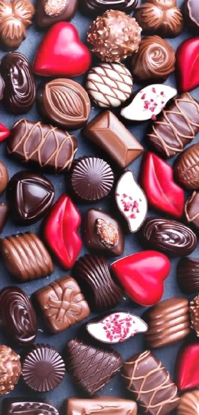 Mobile wallpaper with assorted chocolates and heart shapes.