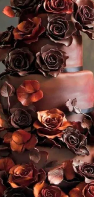 Three-tier chocolate cake adorned with roses.