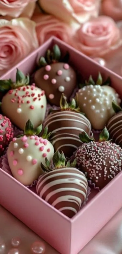 Box of elegant chocolate-covered strawberries with pink roses.