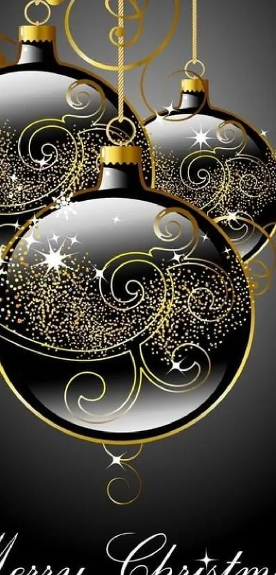 Elegant Christmas baubles with gold swirls on a black background.