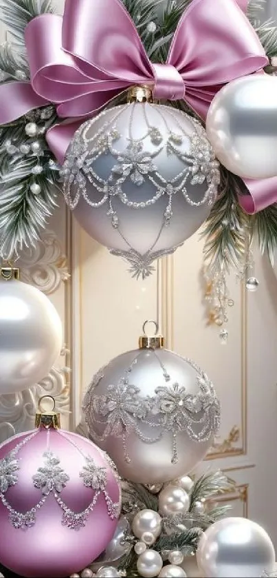 Elegant Christmas baubles with pearls and pink bows on a festive background.