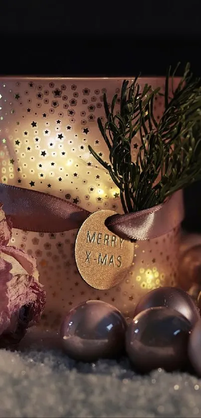 Elegant Christmas candle with ornaments and snow on a festive background.
