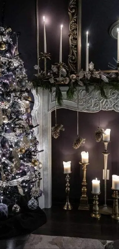 Ornate fireplace with Christmas tree and candles in an elegant setting.