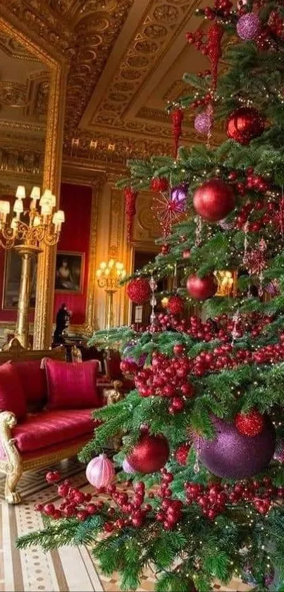 Luxurious Christmas tree in opulent room.