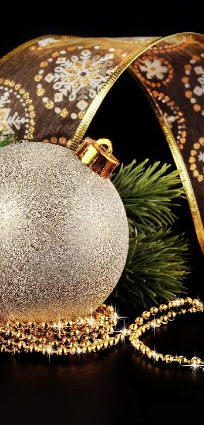 Elegant Christmas wallpaper with golden ornament and festive ribbon.