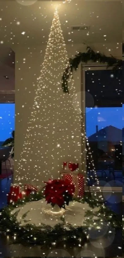 Christmas light tree with festive decor in a cozy room.