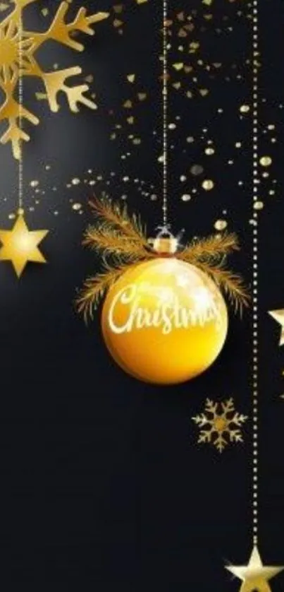 Elegant Christmas wallpaper with gold ornaments and stars on dark background.