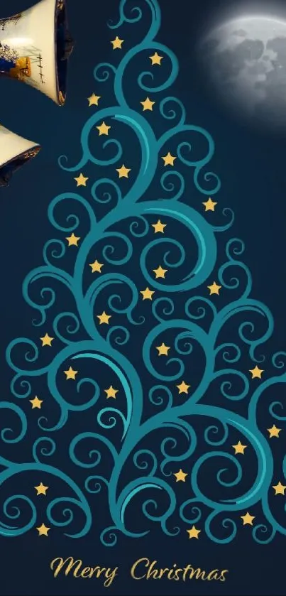 Wallpaper with ornate Christmas tree and moon.
