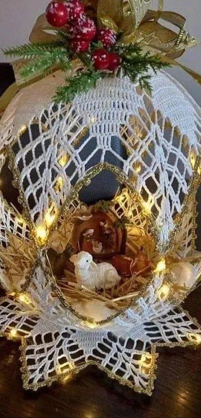 Elegant nativity scene with lights and crochet decor.