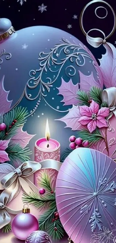 Elegant Christmas ornaments and candles in soft pink tones.