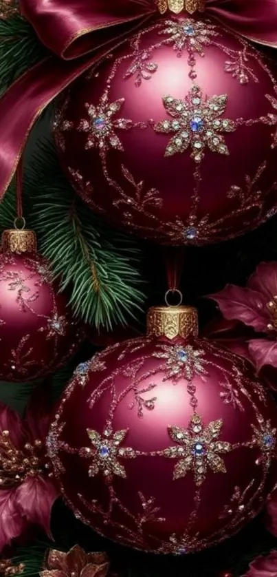 Elegant burgundy Christmas ornament wallpaper with floral details.