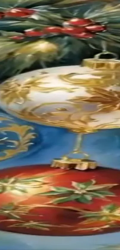 Elegant Christmas ornaments mobile wallpaper with gold and red accents.