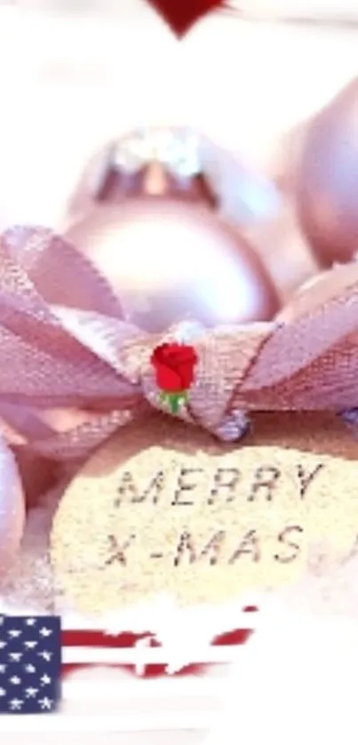 Pink Christmas ornaments with 'Merry X-Mas' tag