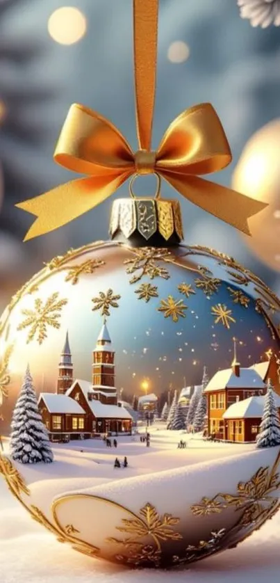 Festive Christmas ornament with snowy village and golden details.
